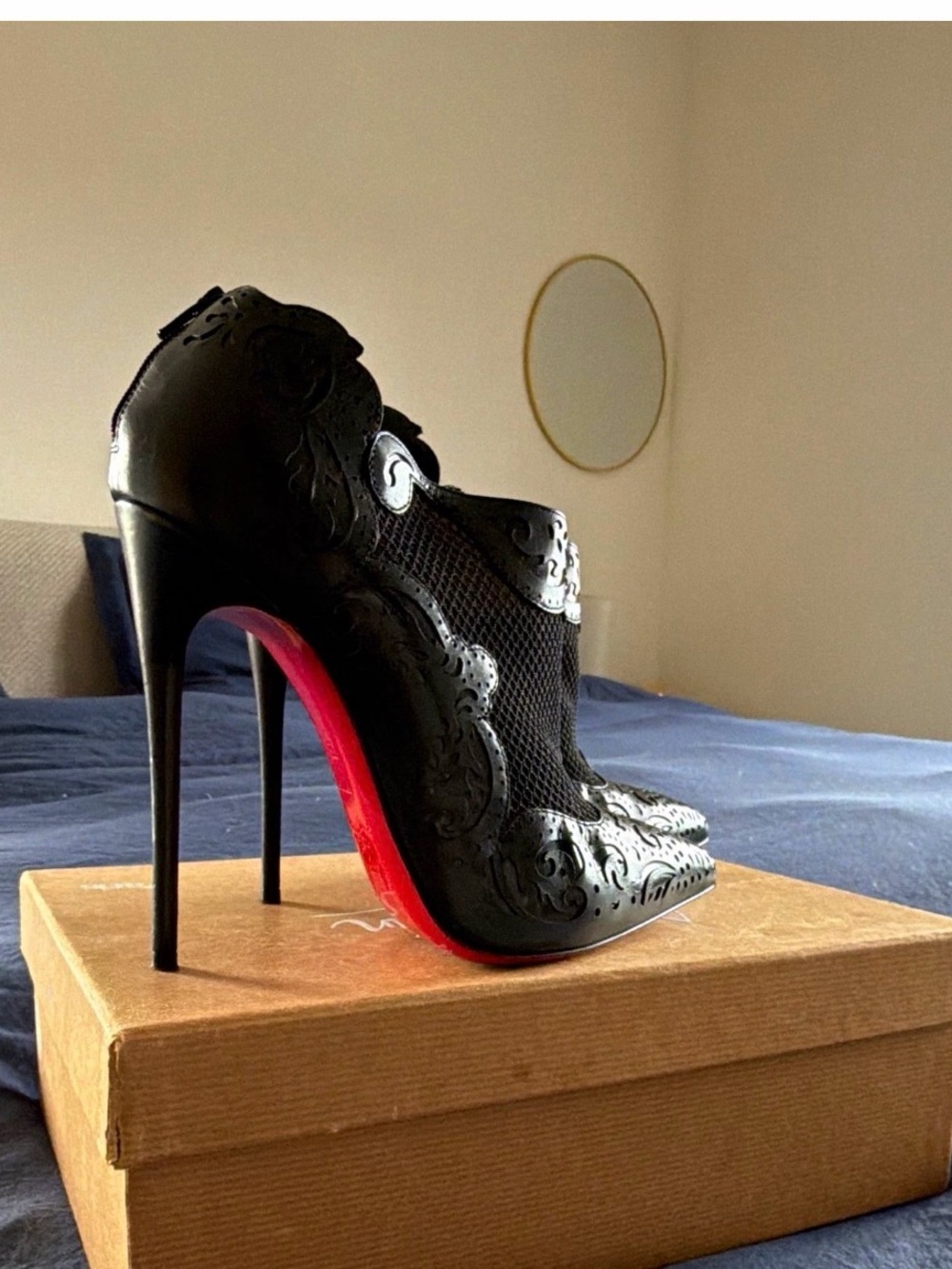 Christian Louboutin Black Embossed Mesh Ankle Heels with Signature Red Sole